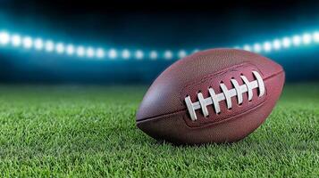 A close-up of a football resting on green grass under stadium lights, showcasing texture and detail in a sports setting. photo