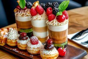 A delightful assortment of desserts featuring layered parfaits and sweet pastries topped with fresh berries and whipped cream. photo