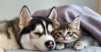 A husky dog peacefully sleeps beside a cute kitten, both snuggled together on a cozy bed, exuding warmth and companionship. photo
