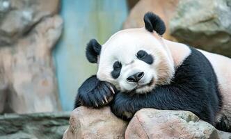 A relaxed panda rests on a rock, showcasing its distinctive black and white fur and adorable features in a serene environment. photo