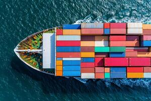 Aerial view of a cargo ship loaded with colorful containers sailing through deep blue waters. photo