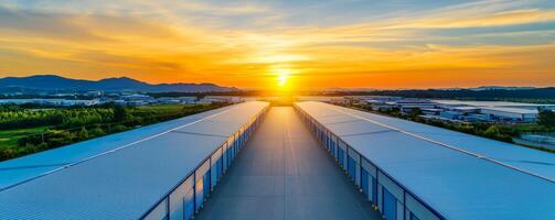 A vibrant sunset over industrial rooftops, with a serene landscape of fields and mountains in the background, creating a picturesque view. photo
