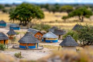 A vibrant village scene featuring traditional huts with thatched roofs, surrounded by greenery and a serene landscape, showcasing cultural architecture. photo