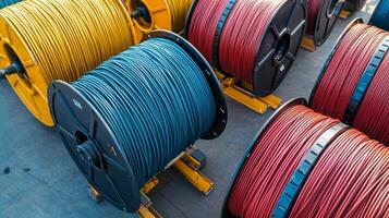 Colorful spools of electrical wire lined up neatly, showcasing a variety of vibrant hues and organized storage, ideal for industrial or construction use. photo