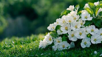 A vibrant display of white flowers blooming on lush green grass, creating a serene and picturesque scene in nature. photo