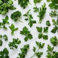Fresh herbs on marble countertop concept. A vibrant assortment of fresh green herbs arranged artistically on a light marble background, showcasing a diverse selection of textures and shapes. photo