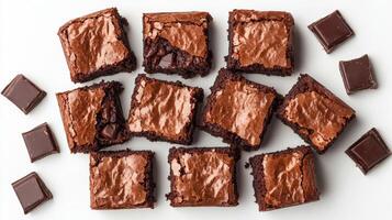 Rich brownie with chocolate chunks concept. Deliciously baked brownies arranged with chocolate chunks, showcasing a rich, fudgy texture and glossy top. photo