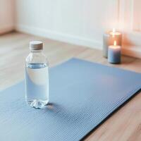 Wellness positivity and stretching concept. A serene image of a water bottle on a yoga mat, accompanied by softly glowing candles, suggesting tranquility and wellness. photo