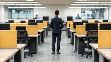Management problem solving supervision concept. A man in a suit stands in a modern office space, facing empty workstations, suggesting a professional environment and potential solitude. photo