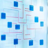 Management problem solving supervision concept. A network diagram featuring interconnected blue squares and red lines, representing data flow and system architecture. photo