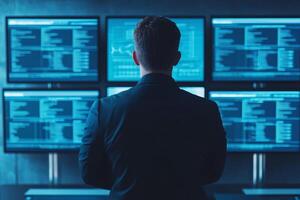 Management problem solving supervision concept. A professional analyzing data from multiple screens in a dimly lit environment, showcasing modern technology and cybersecurity. photo