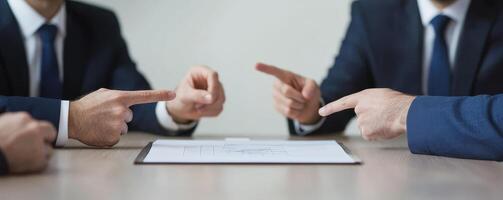 Management problem solving supervision concept. A tense business discussion with multiple people pointing at a document, indicating disagreement or debate over the contents. photo