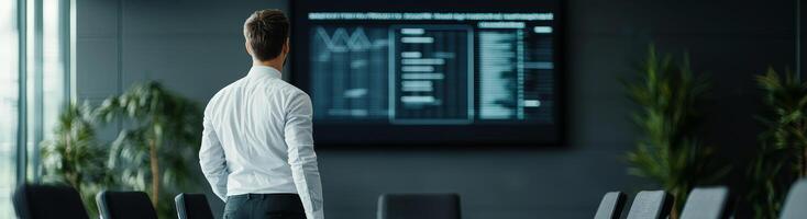 Management problem solving supervision concept. A professional looking man observes data analytics displayed on a large screen in a modern office setting. photo