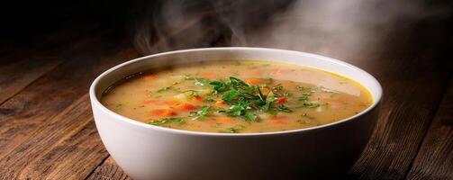 Plant-based diets Food concept. A steaming bowl of soup garnished with fresh herbs, resting on a rustic wooden surface. photo