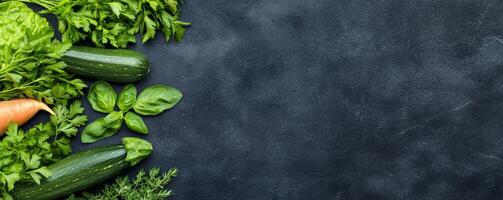 Plant-based diets Food concept. Fresh vegetables and herbs are arranged on a dark background, showcasing vibrant greens and earthy tones, ideal for healthy cooking or meal prep. photo