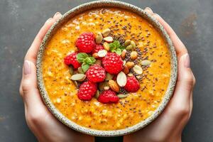 Plant-based diets Food concept. Bowl of smoothie topped with raspberries, seeds, and nuts, held by hands against a textured background. photo
