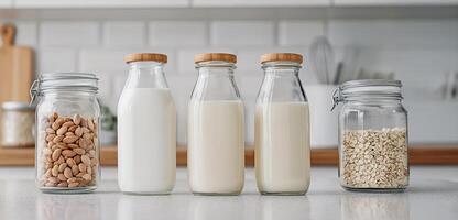 Plant-based diets Food concept. Glass bottles containing various milk types and nuts, set against a clean kitchen backdrop. photo