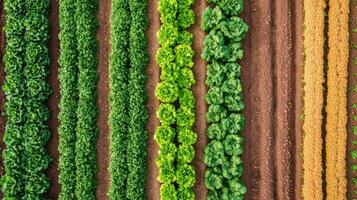 Sustainable food systems concept. Aerial view of neatly arranged rows of vibrant green and yellow crops in a field, showcasing the beauty of agriculture. photo