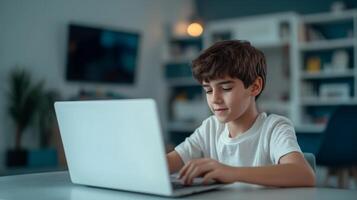 Personalized learning for education concept. A boy sits at a table, using a laptop, in a cozy room with modern decor and soft lighting. photo
