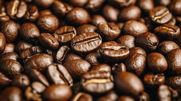 Sustainable food systems concept. Roasted coffee beans, showcasing their rich brown color and shiny surfaces, perfect for coffee enthusiasts and culinary uses. photo
