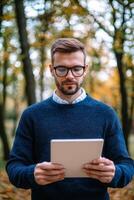 Personalized learning for education concept. A man in a cozy sweater reading a tablet outdoors amidst vibrant autumn trees. photo