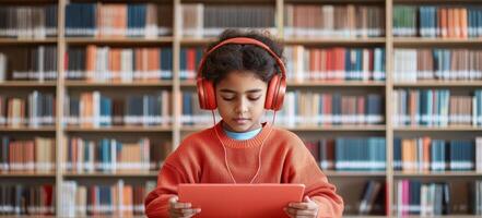 Personalized learning for education concept. A young child with headphones is focused on a tablet in a library, surrounded by shelves filled with books, highlighting a moment of digital learning. photo