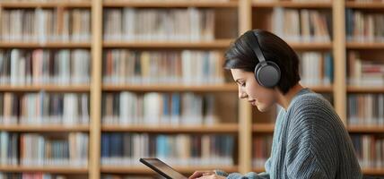 Personalized learning for education concept. A woman in headphones studies intently on a tablet, surrounded by a bookshelf filled with CDs, suggesting a focus on music or research. photo