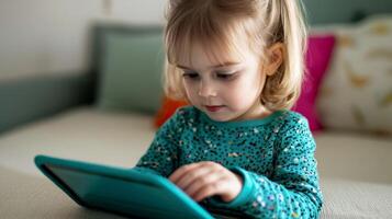 Special needs for Education concept. A young girl intently uses a tablet, showcasing curiosity and engagement in a cozy, colorful environment. photo