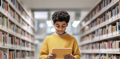 Special needs for Education concept. A young boy in a yellow sweater uses a tablet while surrounded by books in a library, reflecting a moment of learning and curiosity. photo