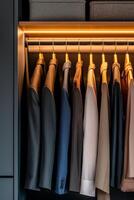 Sustainable and smart home organization concept. Organized closet featuring a variety of stylish suits and shirts, illuminated by warm lighting, showcasing modern storage solutions. photo