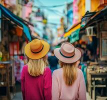 Girlfriend getaways for travel concept. Two women wearing stylish hats stroll through a vibrant market filled with colorful stalls, creating a lively and cheerful atmosphere. photo