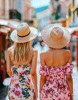 Girlfriend getaways for travel concept. Two women in stylish summer dresses and straw hats stroll down a vibrant, sunlit street lined with colorful buildings. photo