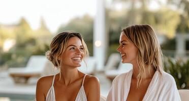 Girlfriend getaways for travel concept. Two women smiling and enjoying a moment together in a serene, sunlit setting, surrounded by greenery, suggesting friendship and relaxation. photo