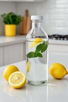 Self-care routines for Wellness concept. Refreshing bottle of lemon-infused water with mint leaves, surrounded by fresh lemons on a modern kitchen countertop. photo