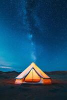 Adventure and Eco-tourism for travel concept. Glowing tent stands in the desert under a starry night sky, showcasing the beauty of nature and camping adventures. photo