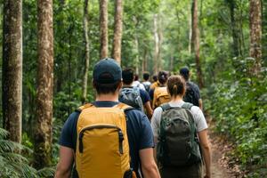 Adventure and Eco-tourism for travel concept. A group of hikers walks through a lush green forest trail, showcasing adventure and camaraderie in nature. photo
