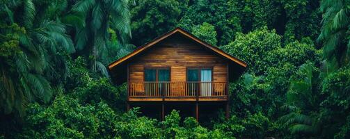 Adventure and Eco-tourism for travel concept. Wooden cabin nestled in lush greenery, surrounded by vibrant foliage, creating a serene and tranquil atmosphere. photo