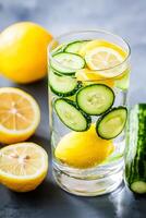 Self-care and healthy aging for wellness. A refreshing glass of infused water with cucumber and lemon slices, surrounded by whole lemons and cucumber, promoting hydration and healthy living. photo
