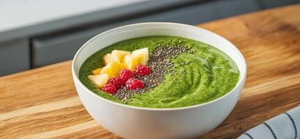 Self-care routines for Wellness concept. Green smoothie bowl topped with fresh fruits and chia seeds, served in a white bowl on a wooden surface. photo