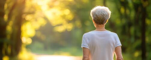 Self-care and healthy aging for wellness. Elderly woman walks through a sunlit forest path, surrounded by greenery and golden light, evoking tranquility and reflection. photo