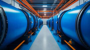 Sustainable energy efficiency concept. Industrial facility featuring rows of large blue tanks with orange piping, showcasing a clean and organized environment. photo