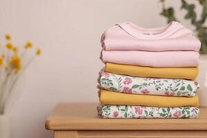 Parenting resources for family concept. Stack of colorful folded clothes in pastel shades sits on a wooden surface, with a hint of flowers in the background. photo