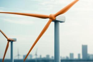 Sustainable energy efficiency concept. Wind turbine blades against a skyline, showcasing renewable energy technology in a clear sky. photo