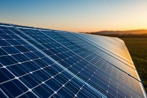 Sustainable energy with renewable power concept. Solar panels reflecting sunlight, set against a scenic backdrop at sunset, highlighting renewable energy technology. photo
