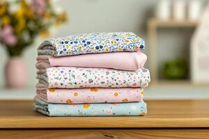 Parenting resources for family concept. Pile of colorful, patterned fabrics rests on a wooden surface, with a blurred background featuring flowers and soft decor. photo