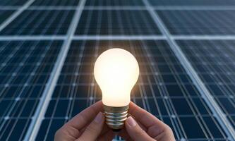Sustainable energy with renewable power concept. A person holds a glowing light bulb over solar panels, symbolizing renewable energy and innovation in sustainable technology. photo