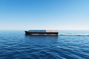 Sustainable energy with renewable power concept. Container ship navigates through calm waters under a clear blue sky, symbolizing global trade and maritime transport. photo