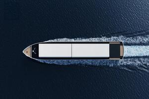 Sustainable energy with renewable power concept. Large cargo ship navigates through deep blue waters, leaving a wake behind as it travels across the ocean's surface. photo