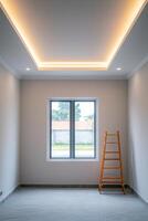 Home improvement with renovation trends concept. Modern, empty room featuring a large window, a wooden ladder, and stylish ceiling lights, creating a bright and inviting atmosphere. photo