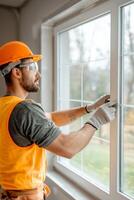 Home improvement with renovation trends concept. Construction worker in safety gear installs a window, emphasizing home improvement and craftsmanship. photo